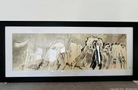 Framed horizontal watercolour painting showing serene Japanese mountain landscape with artist stamp.