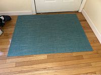 Rectangular woven teal floor mat placed on hardwood floor near white door, showing flat weave texture and size.
