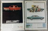 Front view of two vintage magazine advertisements, one for Mercury Meteor and the other for Dodge Dart.