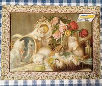 Full framed lithograph print depicting five kittens with a mirror, roses, clock, and other vanity objects.