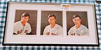 Front view of framed autographed photos of three Boston Red Sox players in uniform