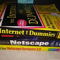 Stack of three vintage computer instruction books showing titles and cover designs, including Internet For Dummies and Netscape Navigator.