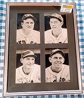 Full view of framed set of 4 black and white signed photos of Boston Red Sox players Joel Cronin, Dominic DiMaggio, Mike Rybo and Pete Fox
