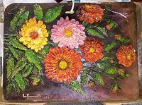 Full view of the oil painting showing the vibrant floral bouquet against a dark background, capturing texture and colors.