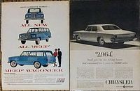 Photo showing both vintage car ads side by side; Jeep Wagoneer and Chrysler Newport.