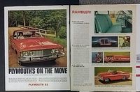 Two vintage car advertisements from magazines, side by side. Left advertisement shows a red Plymouth 63 car driving on a country road with a woman inside. Right advertisement presents various interior and exterior features of a Rambler car including seats, rear window, and dashboard.