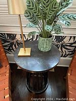 Side table viewed with green leaf plant and lamp on top against patterned wallpaper.