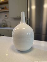 Front and side views of the white glossy ceramic vase showing shape and texture