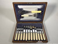 Complete 14-piece fish cutlery set displayed in open wooden case showing knives, forks, and serving pieces with cream celluloid handles.