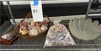 Overview of woven basket with various seashells, plastic bag with additional shells, and frosted scalloped bowl