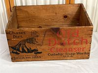 Photo showing front side of wooden crate with Old Dutch Cleanser branding and measuring approximately 20" W, 13.5" D, 10" H