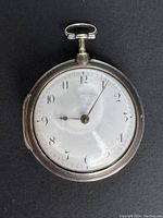Front view of pocket watch showing white enamel dial with Arabic numerals and key-wind stem
