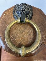 Front view of bronze lion head door knocker laying on wooden surface showing the ring and detailed lion face.