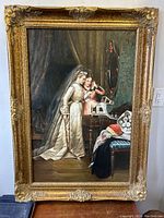 Front view of the large oil painting featuring Gothic ladies in waiting, showing the gilt frame and detailed scene inside.