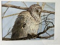 Close-up of the watercolour painting showing detailed owl perched on branches and artist's signature 'M. Chenhall'.