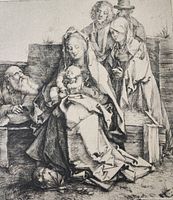 Close-up of the engraving showing the detailed depiction of the Holy Family and other figures.
