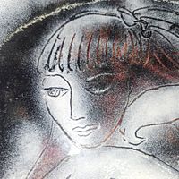 Close-up of the woman's face in black and white with subtle red tones, showing enamel texture and line detail.
