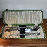 3-piece sterling silver carving set with knife, fork, and serving spatula in vintage green lined case