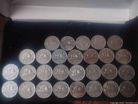 Top view of the lot showing 30 nickels mostly Canadian 5 cent coins with beaver design on one side arranged in a box.