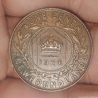 Front side of the coin showing crown, floral design, year 1920, and 'ONE CENT NEWFOUNDLAND'.