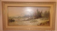 Framed oil painting showing entire running river scene with trees and rocks.