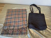 Guess nylon bag and Burberry style pashmina side by side showing full items