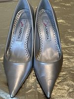 Top view of both silver pointed toe kitten heel shoes showing the Lasonia label inside.