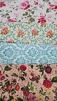 Close-up image of four fabric pieces featuring floral patterns in pink, blue, cream and beige colors.