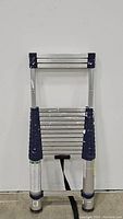 Front view of folded aluminum telescoping ladder, showing the compact form and overall construction.