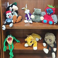 Full view of stuffed characters arranged on wooden shelves showcasing variety and condition
