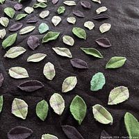 Close-up of black wool blanket surface with sewn green and purple fabric leaves.