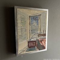 Frontal image of the framed oil painting showing the full interior scene with window, bed, nightstand, and lamp.