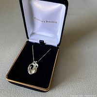 Sterling silver necklace in original Camerons Jewellery NZ box, showing black cushion and white lid interior with gold lettering.