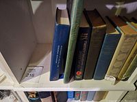 Photo of classic hardcover books on a white bookshelf, showing spines with titles such as "20000 Leagues Under the Sea" and other titles in various spine colors including blue, green and brown.