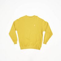 Full view of a yellow long sleeve sweatshirt laid flat on white background, showing the front side.