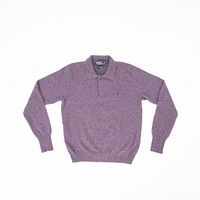 Full view of the purple lambswool long sleeve polo shirt laid flat showing front side, collar, cuffs, and hem.
