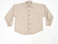 Front view of the beige oversized Earth Ragz overshirt laid flat, showing button closure and chest pocket.