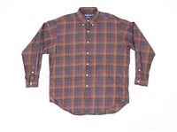 Front view of vintage Ralph Lauren plaid button down shirt showing colors and button details.