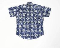 Front view of blue floral Hawaiian shirt showing pattern, collar, buttons and general condition.