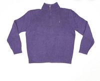 Front view of purple cotton quarter zip sweater with ribbed collar, cuffs, hem and green embroidered pony logo on chest.