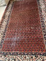 Close-up image of the red and blue antique wool rug showing overall pattern and border.