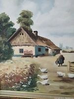 Full view of the painting showing a farmhouse, geese, and a woman in rustic clothing carrying a bucket.