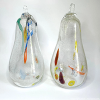 Front view of two clear Murano style glass pears showing colorful internal accents and clear stems