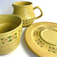 Close-up image showing detailed geometric diamond pattern and speckled mustard yellow finish on cup, creamer, and saucer.