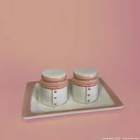 Front angled view of the pastel pink ceramic salt and pepper shakers on the matching rectangular plate.