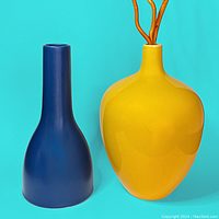 Two vases side by side on a blue background, blue tall narrow vase and yellow round vase with some decorative branches inside the yellow vase.