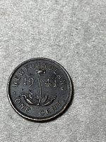 Reverse of 1941 Newfoundland one cent coin showing floral pitcher plant design with date and denomination.