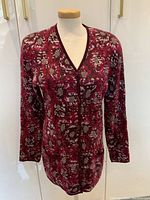 Full front view of vintage MISSONI Sport cardigan on mannequin showing dark pink multicolor knit and button front.