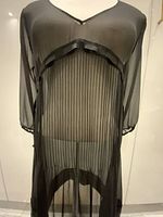 Full view of black sheer silk dress on mannequin showing front with pleated sheer panel and elastic cuffs.