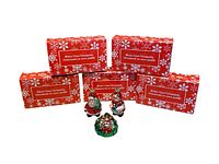 Five closed orange-red boxes labeled 'Blown Glass Ornaments' with three glass ornaments displayed in front: Santa Claus, Mrs. Claus, and wreath with reindeer.